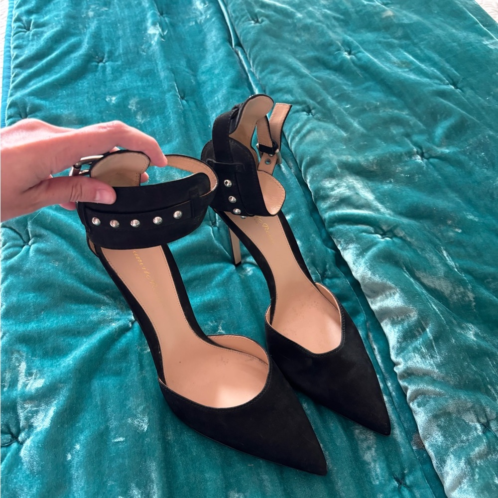 Gianvito Rossi Black Pointed Suede Ankle-Strap Heels with Studs